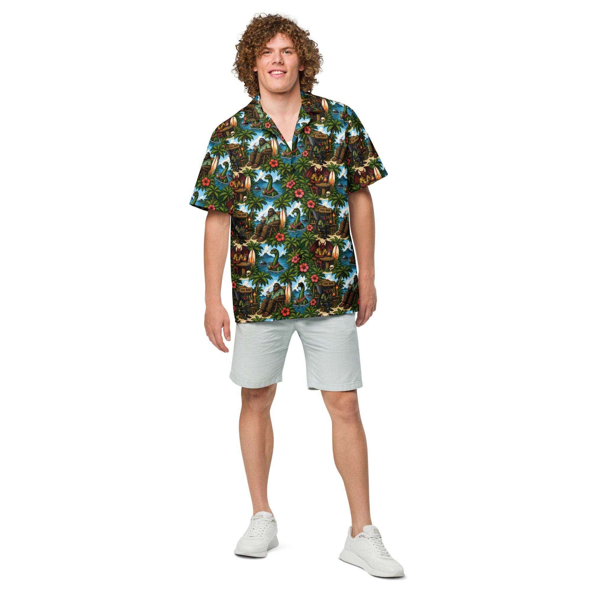 Unisex Bigfoot Hawaiian shirt with tropical Sasquatch tiki print and UPF 50+ sun protection