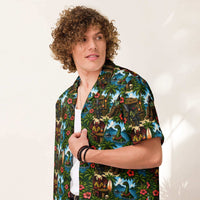 Unisex Bigfoot Hawaiian shirt with tropical Sasquatch tiki print and UPF 50+ sun protection