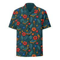 Cornhole Hawaiian shirt with tropical boards, bean bags, tiki torches, and hibiscus on teal background
