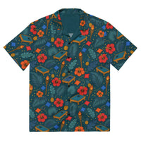 Tropical cornhole Hawaiian shirt with boards, bean bags, tiki torches, and pineapples on a teal background