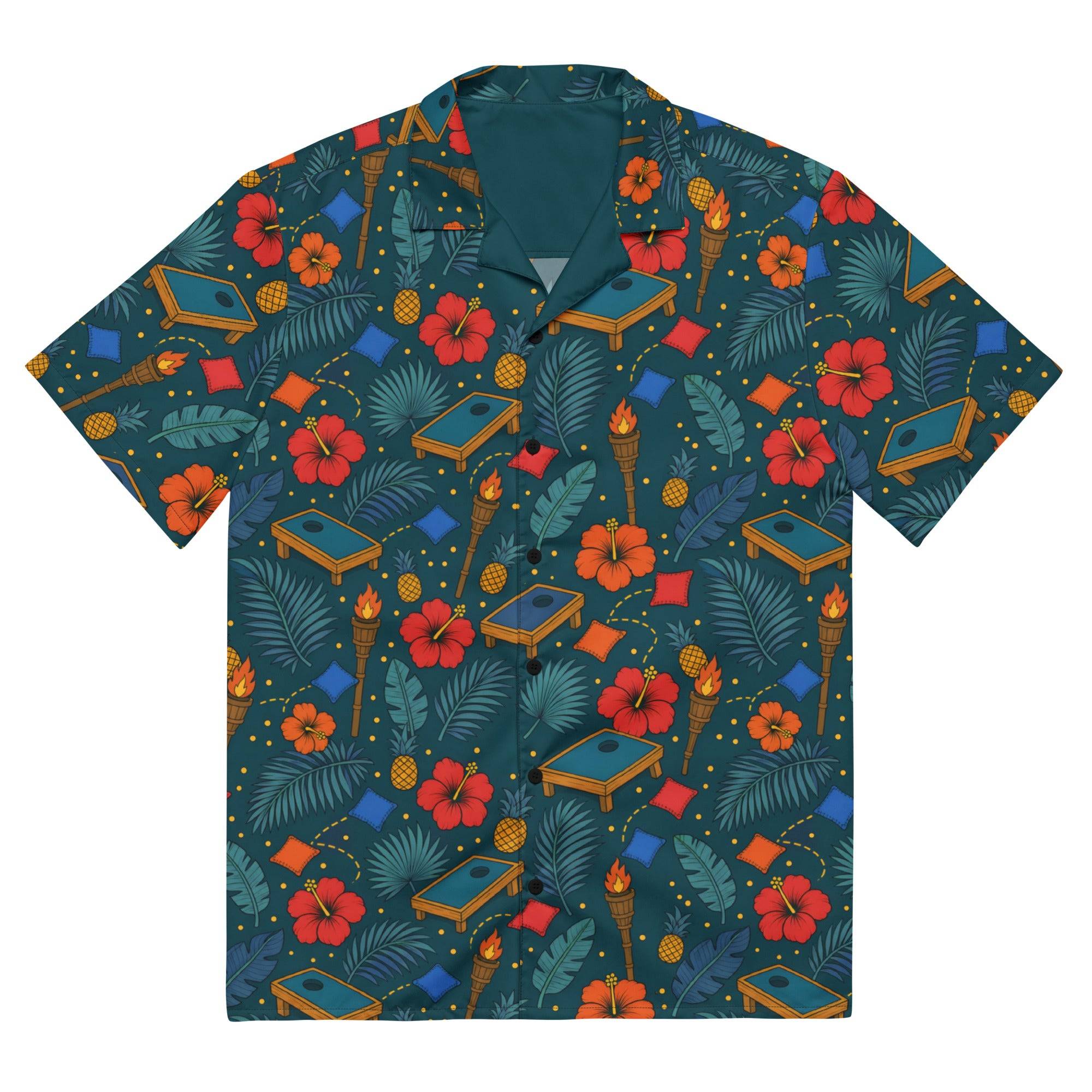 Tropical cornhole Hawaiian shirt with boards, bean bags, tiki torches, and pineapples on a teal background