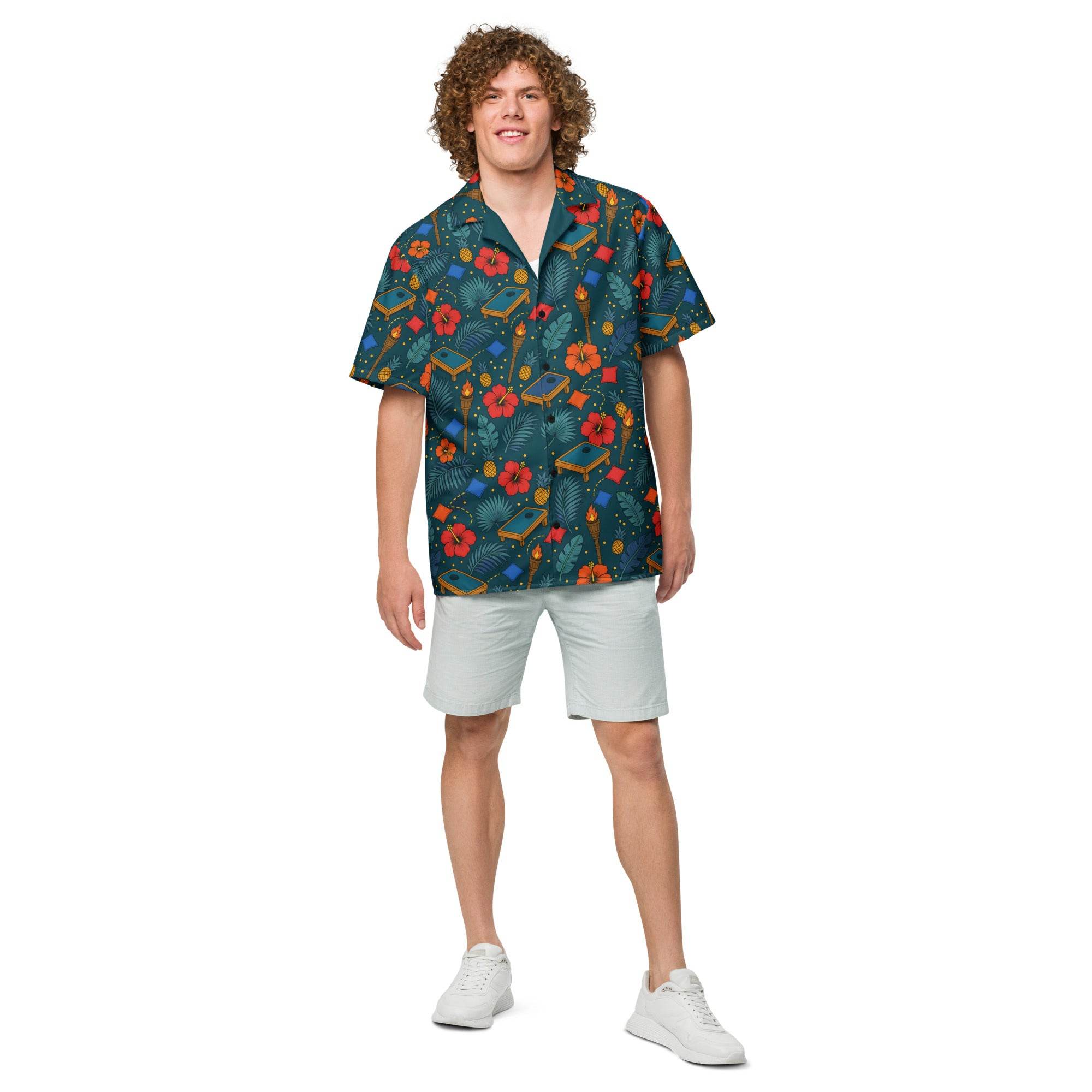 Tropical cornhole Hawaiian shirt with boards, bean bags, and tiki torches on teal background, unisex UPF 50+ button-up