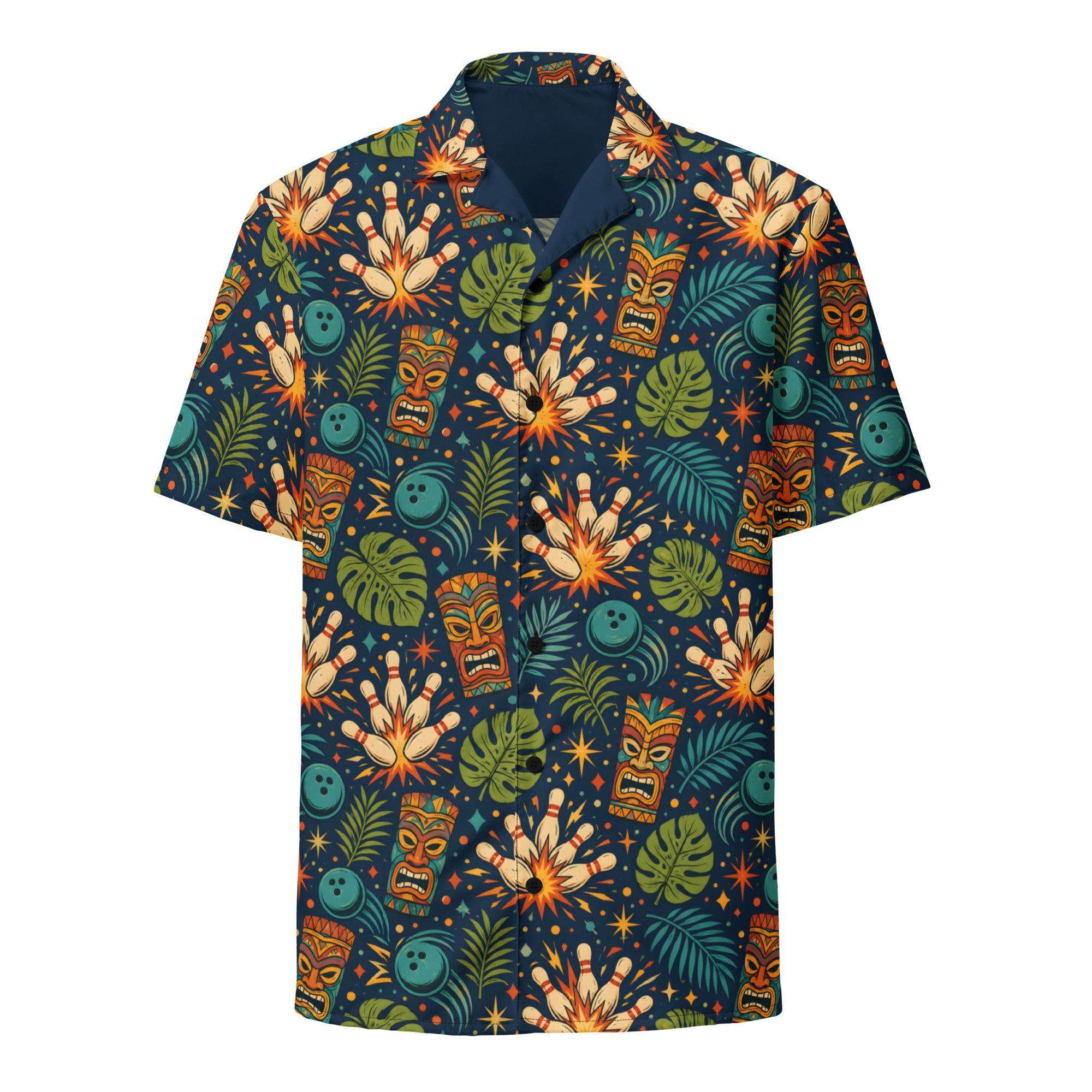 Navy tropical bowling Hawaiian shirt with tiki masks, bowling pins, and jungle leaves print