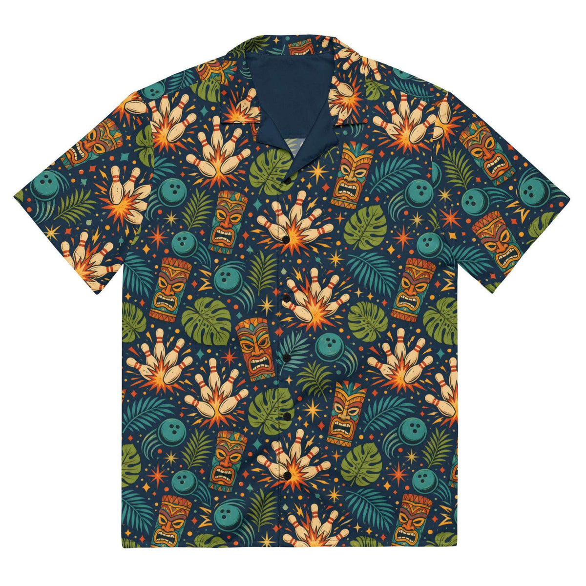 Navy tropical bowling Hawaiian shirt with tiki masks, bowling pins, and jungle leaves pattern