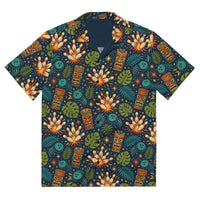 Navy tropical bowling Hawaiian shirt with tiki masks, bowling pins, and jungle leaves pattern