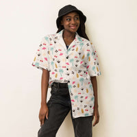 Unisex espresso martini Hawaiian shirt with cocktail, coffee bean, and palm tree print on cream background