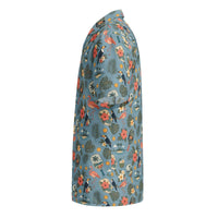 Dusty-blue Pickleball Hawaiian shirt with tropical vintage paddles, flamingos, toucans, and hibiscus pattern with UPF 50+ sun protection