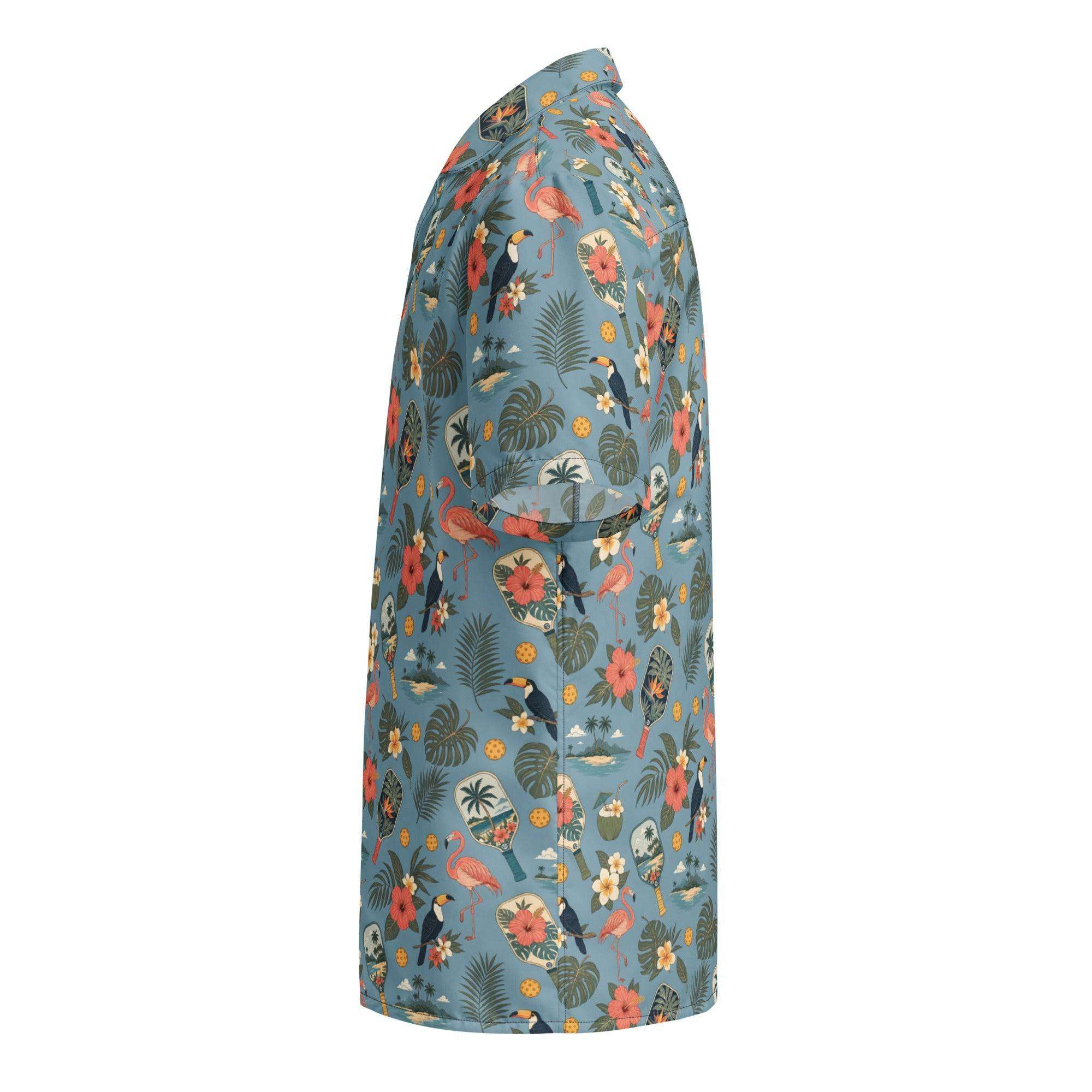 Dusty-blue Pickleball Hawaiian shirt with tropical vintage paddles, flamingos, toucans, and hibiscus pattern with UPF 50+ sun protection