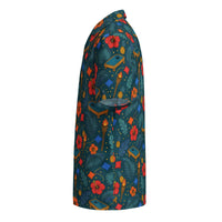 Cornhole Hawaiian shirt with tropical cornhole boards, bean bags, tiki torches, and hibiscus on deep teal background