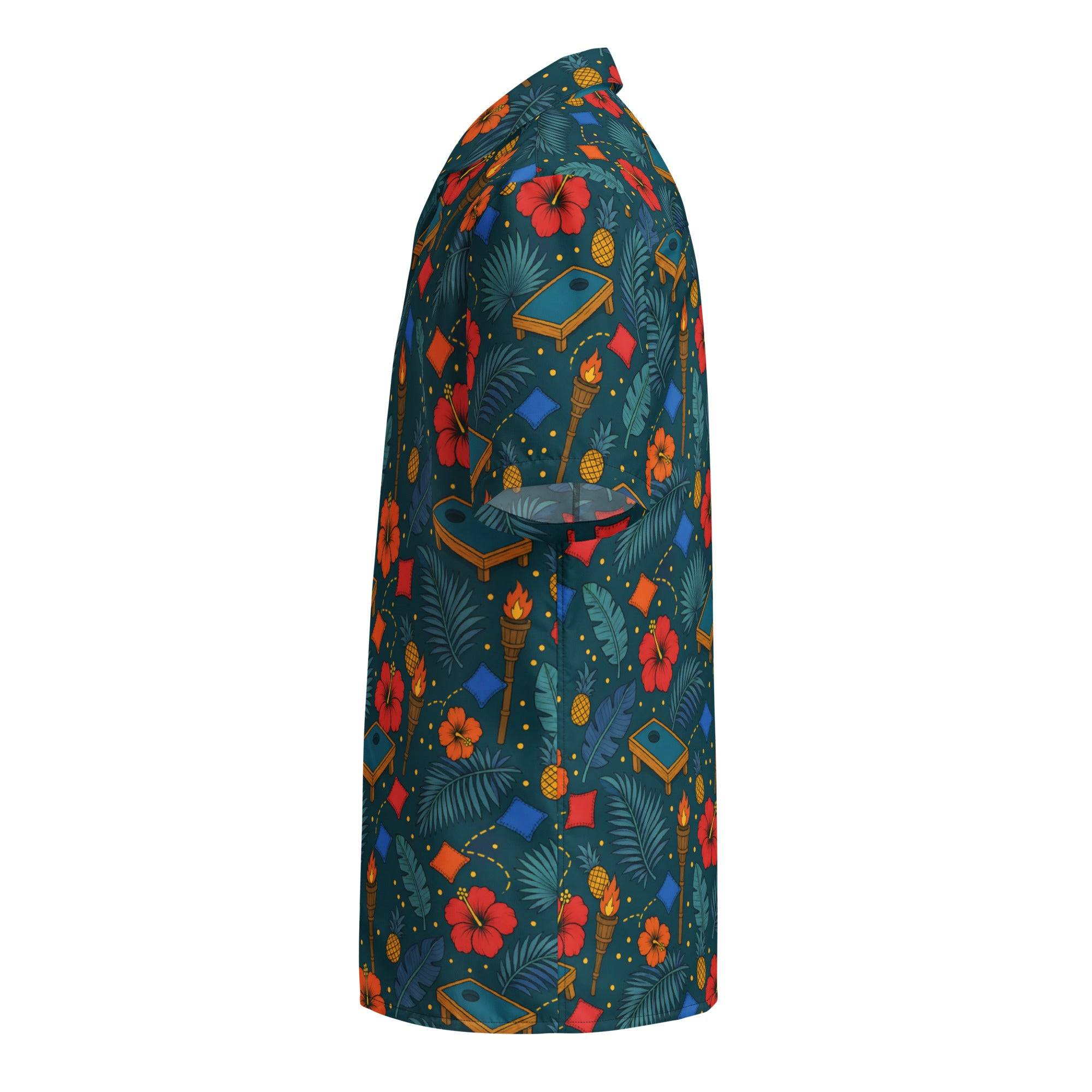 Cornhole Hawaiian shirt with tropical cornhole boards, bean bags, tiki torches, and hibiscus on deep teal background