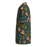 Navy tropical bowling Hawaiian shirt with tiki masks, bowling pins, and jungle leaves pattern