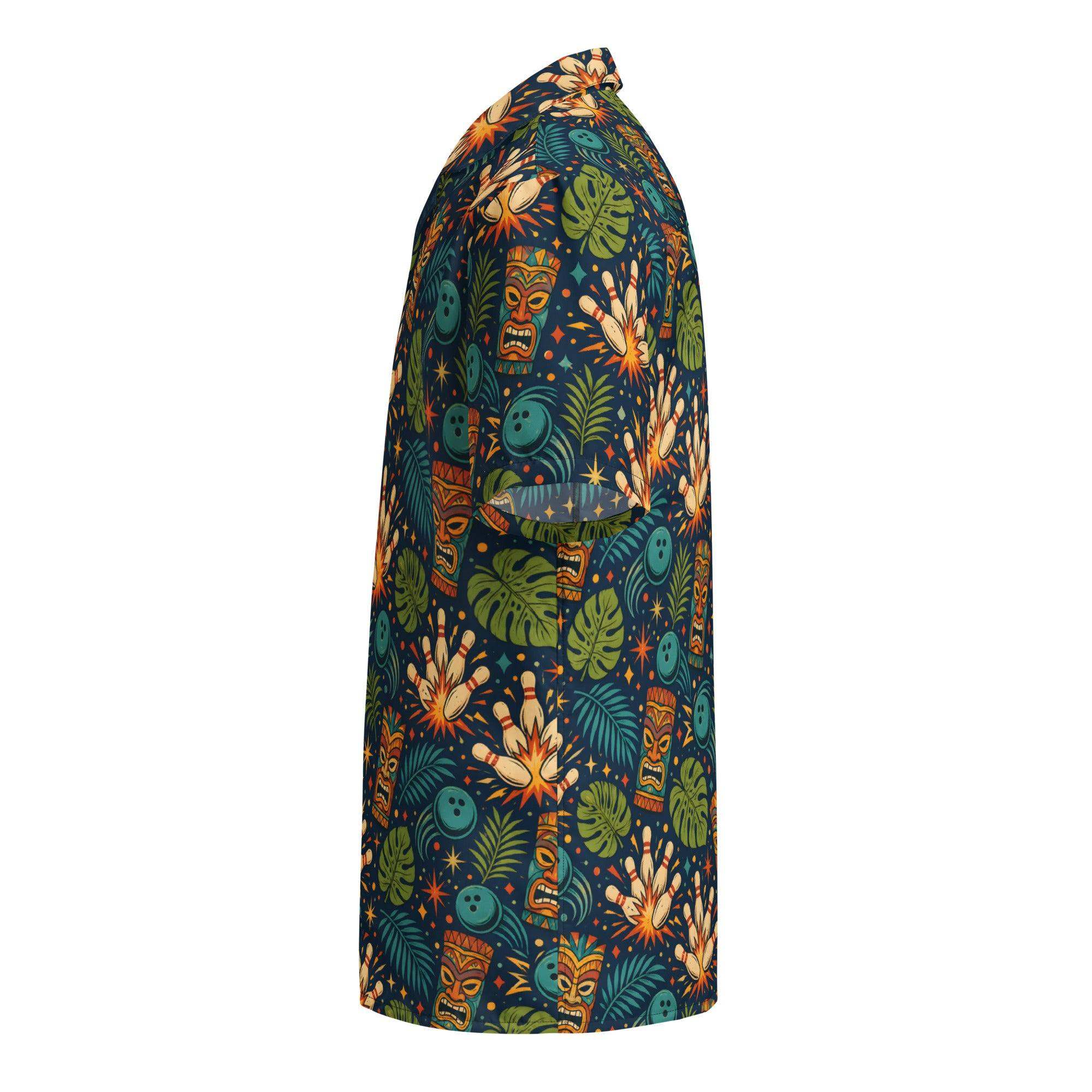 Navy tropical bowling Hawaiian shirt with tiki masks, bowling pins, and jungle leaves pattern