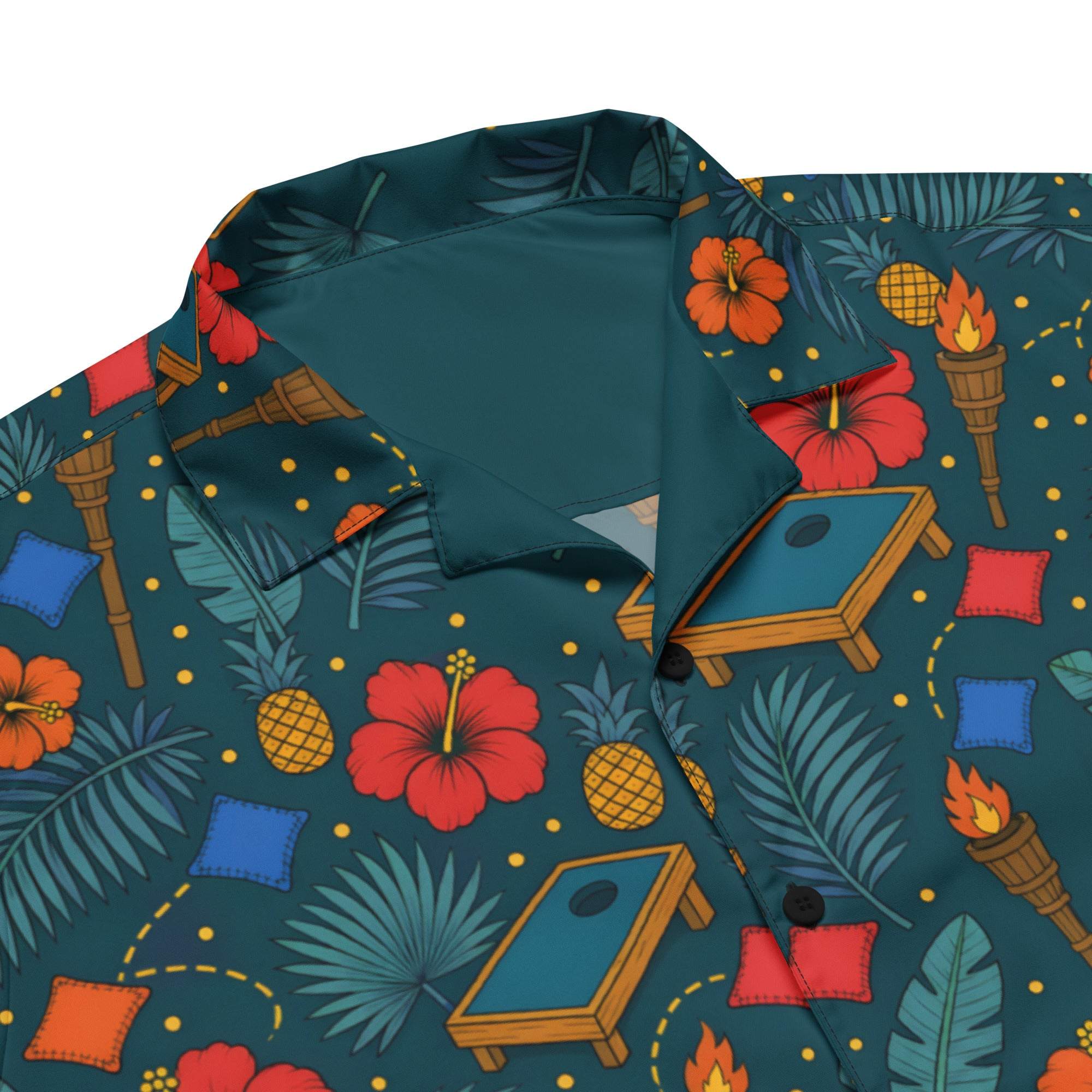 Tropical cornhole Hawaiian shirt with boards, bean bags, tiki torches, and hibiscus on teal background, unisex UPF 50+ button-up