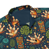 Navy Tropical Bowling Hawaiian Shirt with tiki masks, bowling pins, and jungle leaves print, camp collar, and relaxed fit