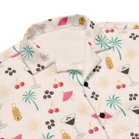 Unisex espresso martini Hawaiian shirt with coffee beans, cocktail glasses, cherries, and palm tree print on cream background