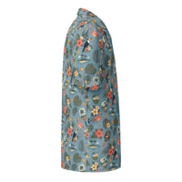 Dusty-blue Pickleball Hawaiian shirt with vintage paddles, flamingos, toucans, and tropical print, unisex UPF 50+ button-up