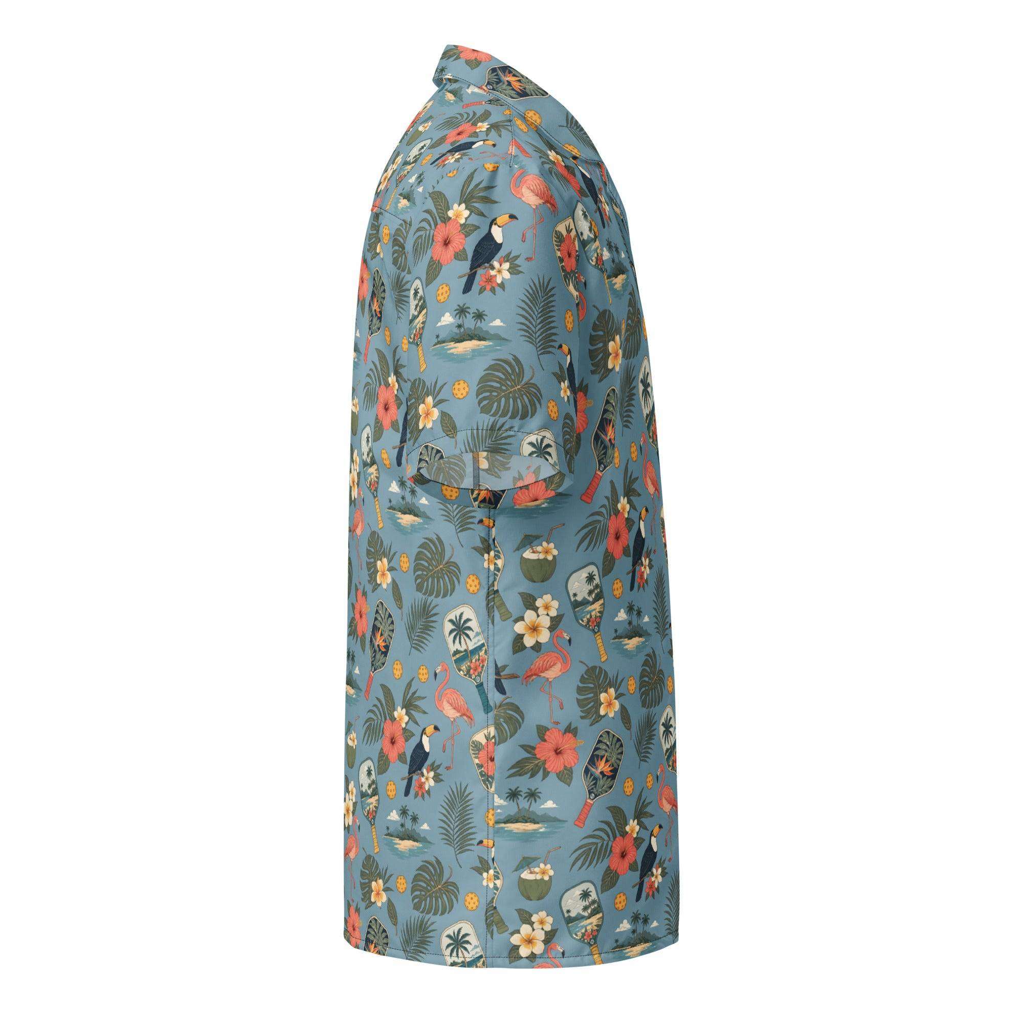 Dusty-blue Pickleball Hawaiian shirt with vintage paddles, flamingos, toucans, and tropical print, unisex UPF 50+ button-up