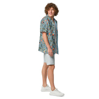 Dusty-blue Pickleball Hawaiian Shirt with vintage paddles, flamingos, toucans, and tropical print, unisex UPF 50+ button-up