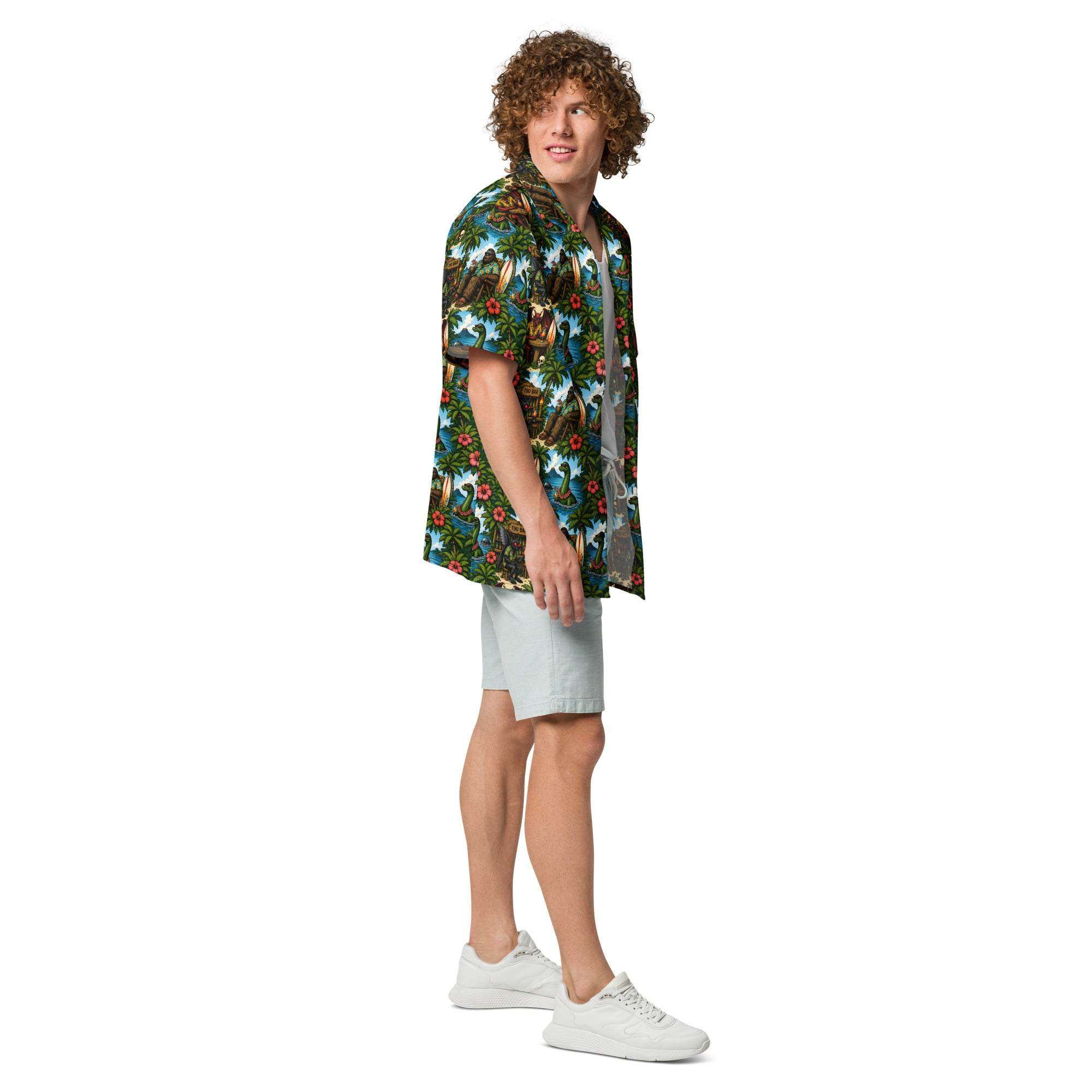 Bigfoot Hawaiian shirt with tropical Sasquatch tiki print, unisex UPF 50+ button-up
