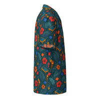 Unisex tropical cornhole Hawaiian shirt with boards, bean bags, tiki torches, pineapples, hibiscus on teal background, UPF 50+ summer wear