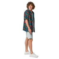 Tropical cornhole Hawaiian shirt with boards, bean bags, tiki torches, and pineapples on teal background, unisex UPF 50+ button-up