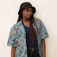 Dusty-blue Pickleball Hawaiian shirt with vintage paddles, flamingos, toucans, and tropical print, unisex UPF 50+ button-up