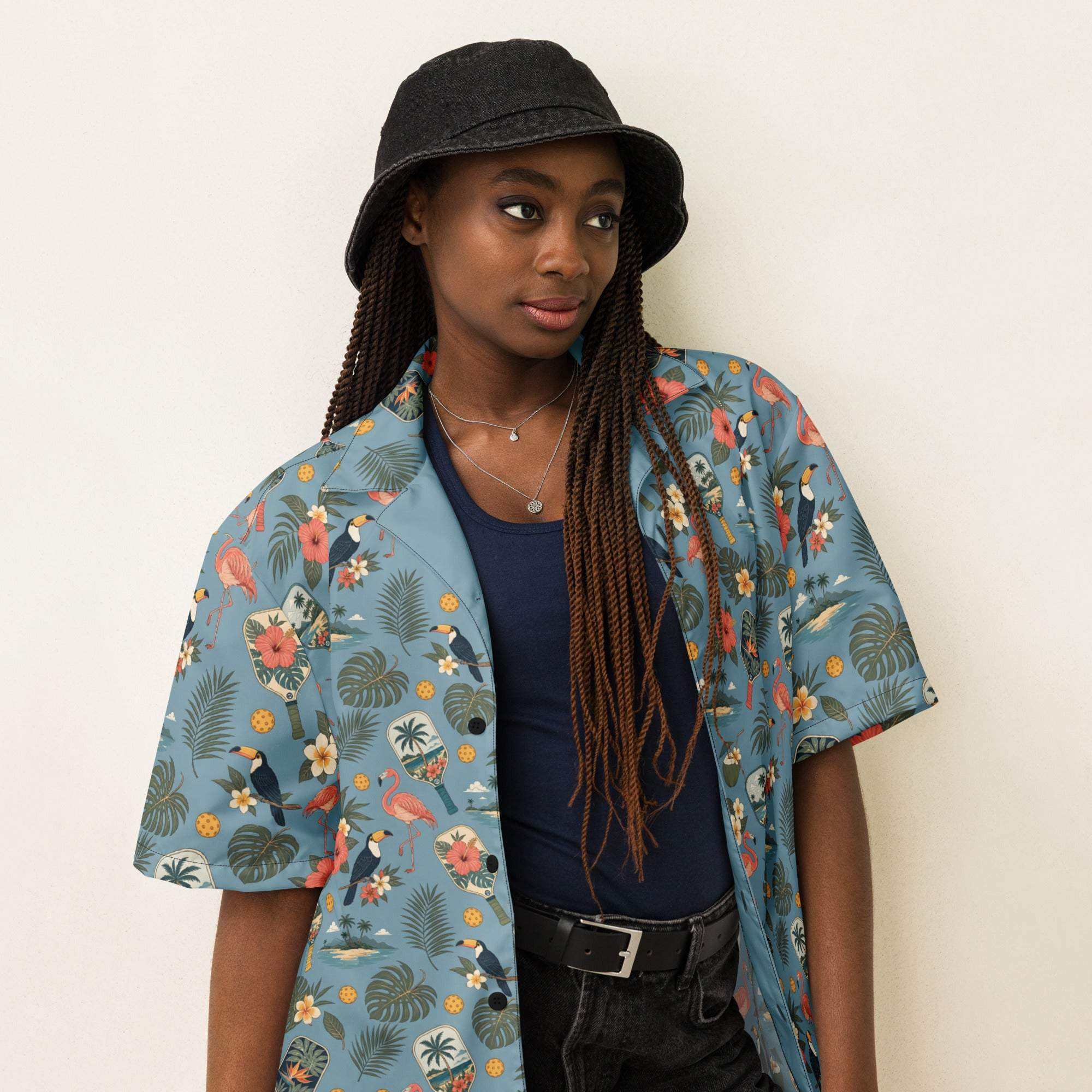 Dusty-blue Pickleball Hawaiian shirt with vintage paddles, flamingos, toucans, and tropical print, unisex UPF 50+ button-up