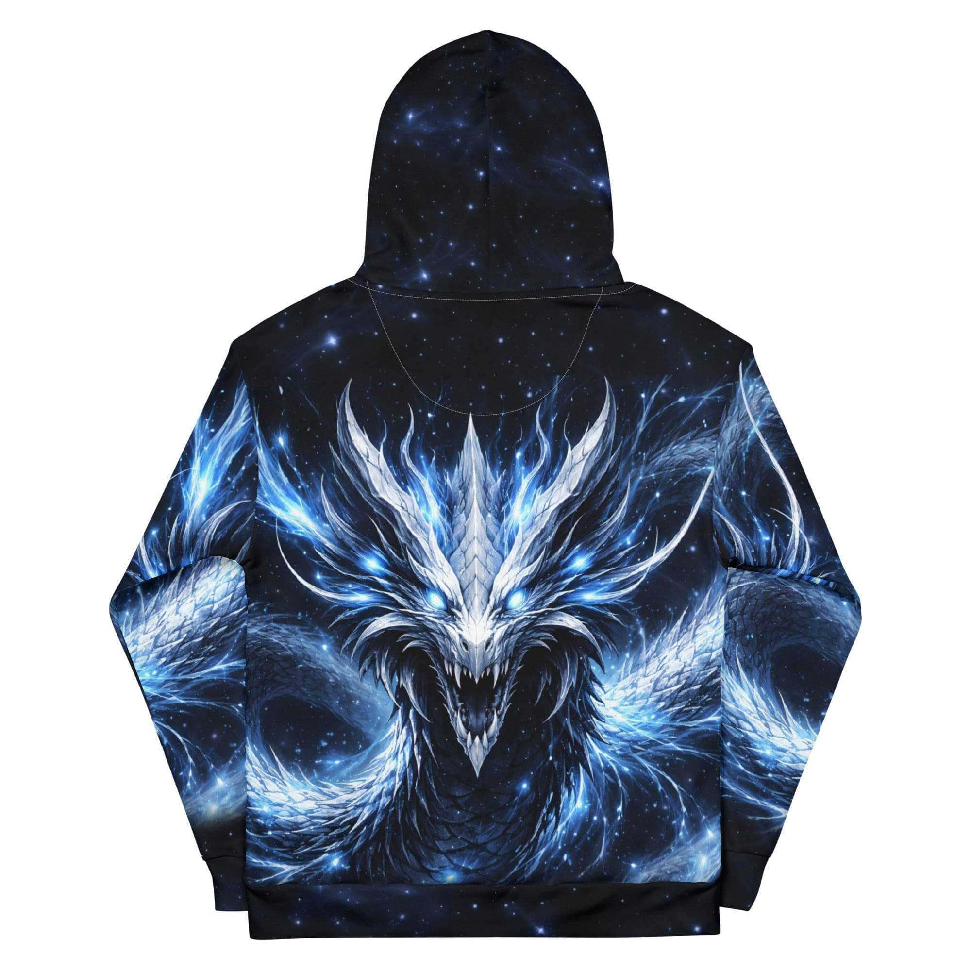 All-over print fantasy dragon hoodie with glowing blue mythical design for men and women