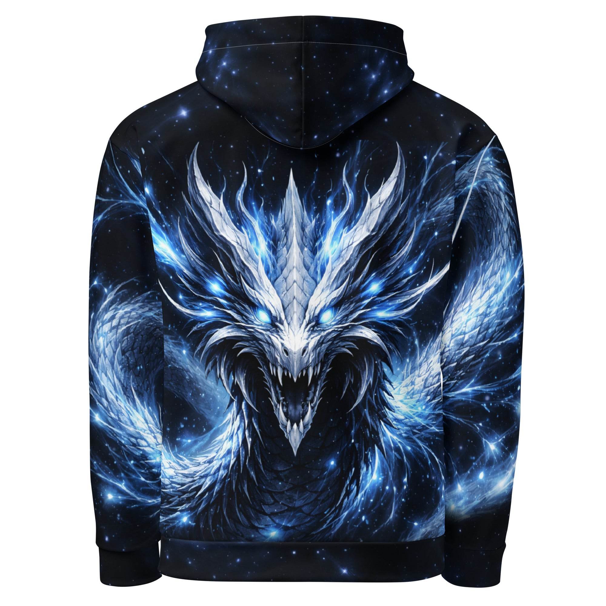 All-over print fantasy dragon hoodie with glowing blue design for men and women