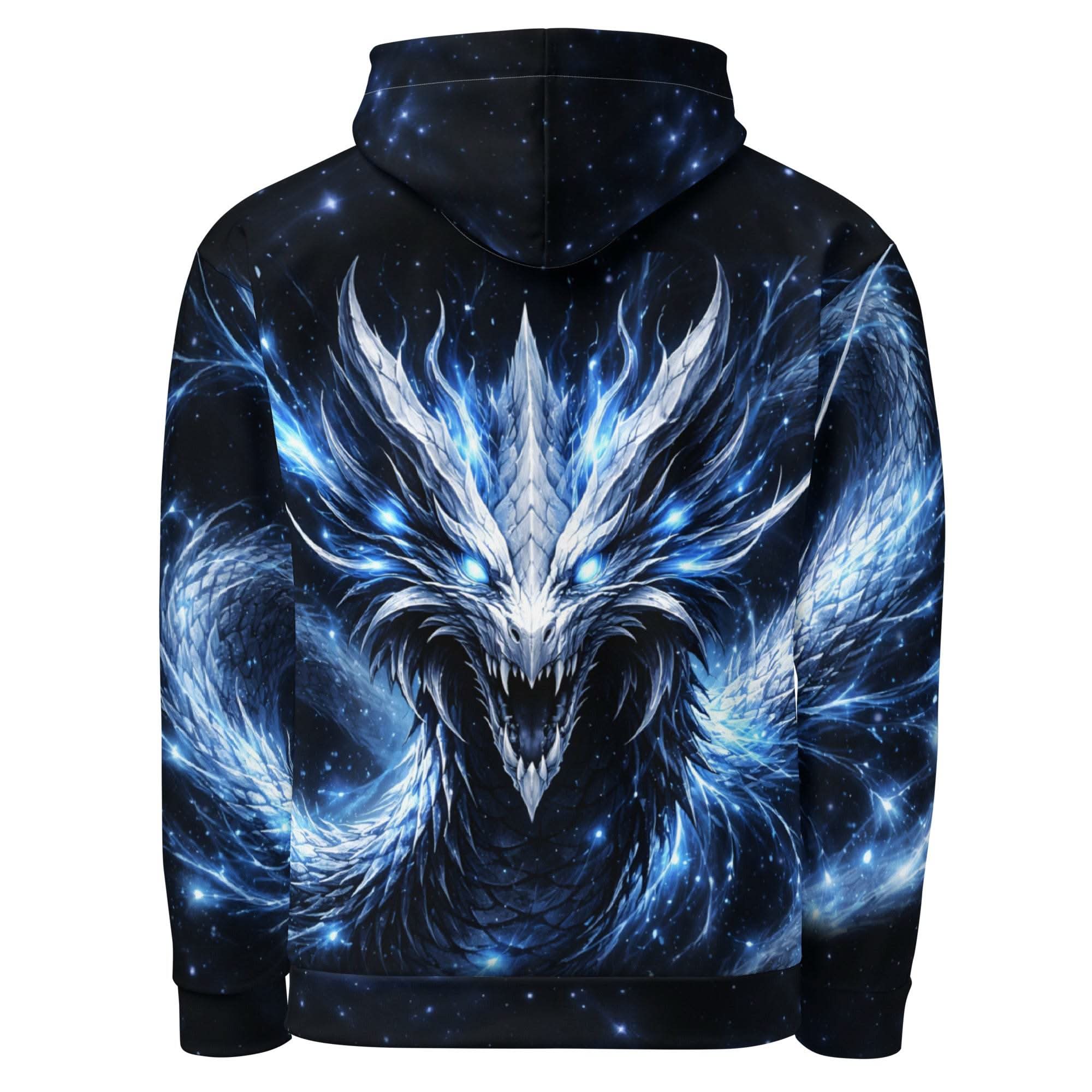 All-over print fantasy dragon hoodie with glowing blue design for men and women