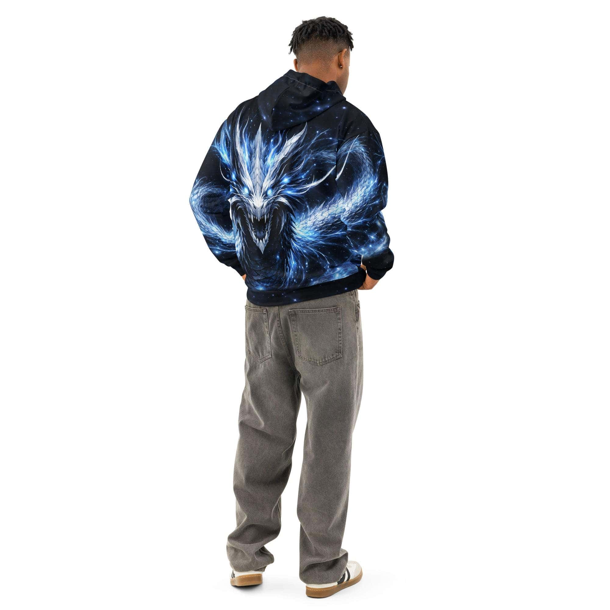 All-over print fantasy dragon hoodie with glowing blue dragon design, unisex cotton streetwear pullover
