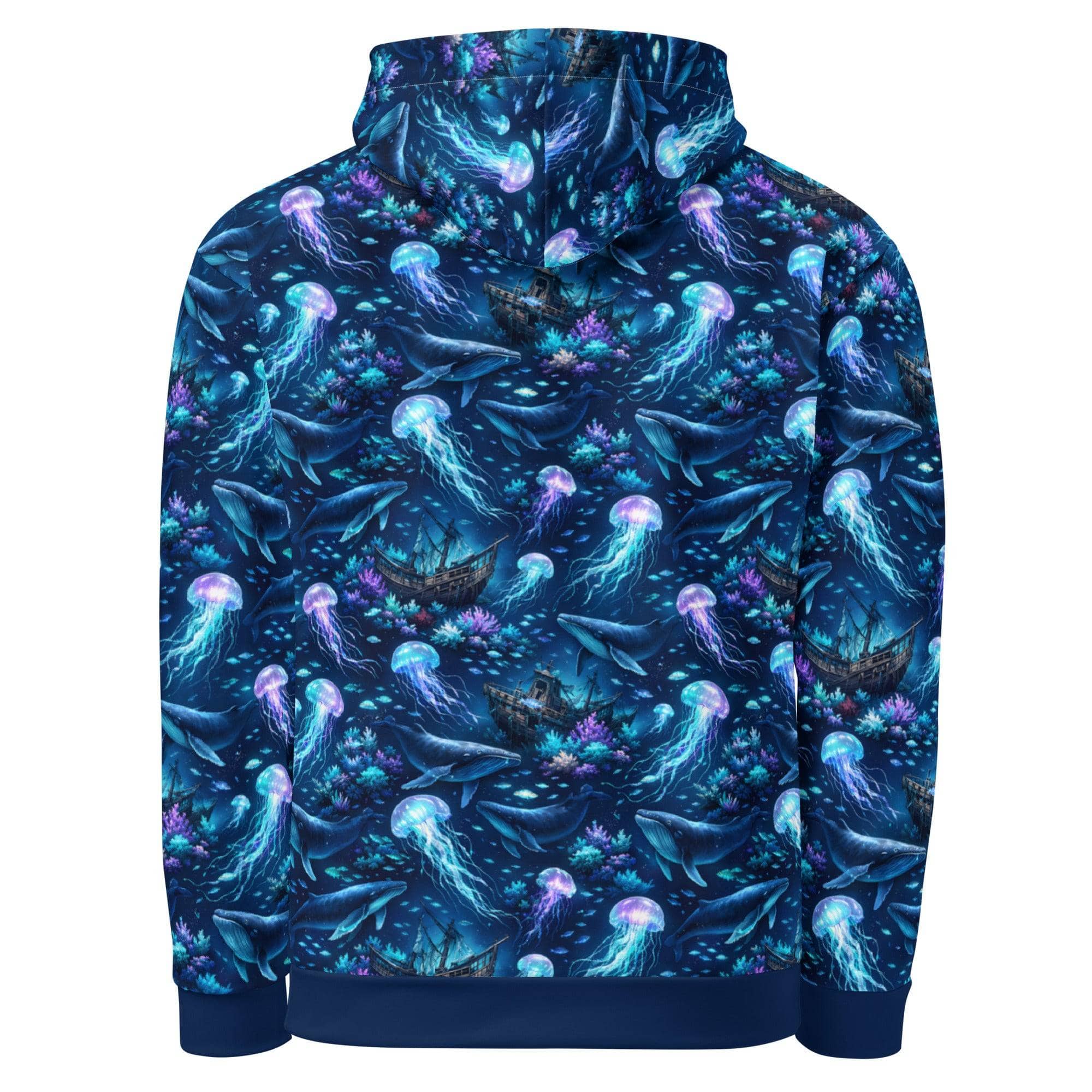 Unisex cotton hoodie with ocean jellyfish and whale marine design