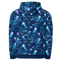 Unisex cotton hoodie with ocean jellyfish and whale marine design