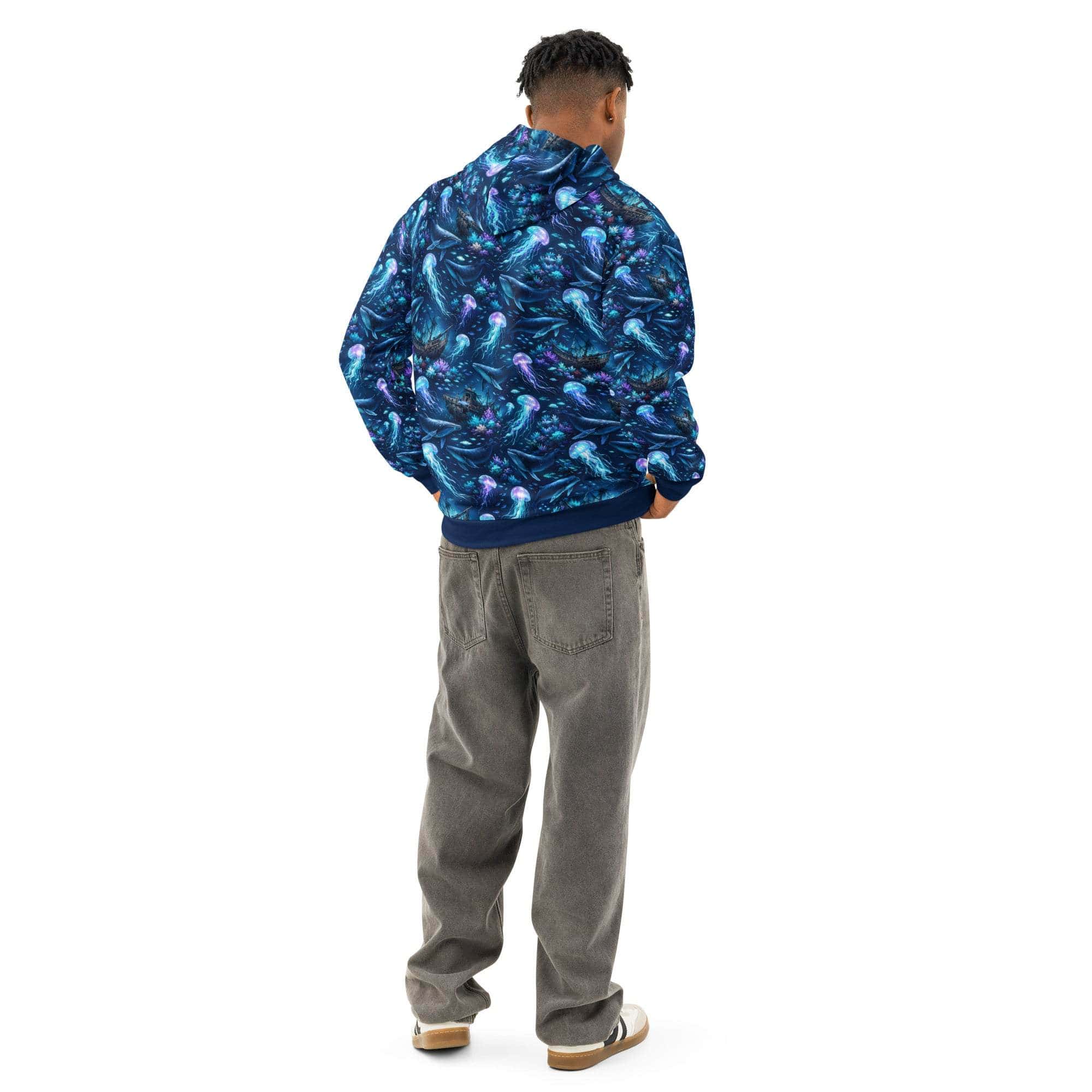 Unisex cotton hoodie with ocean jellyfish and whale marine artwork design