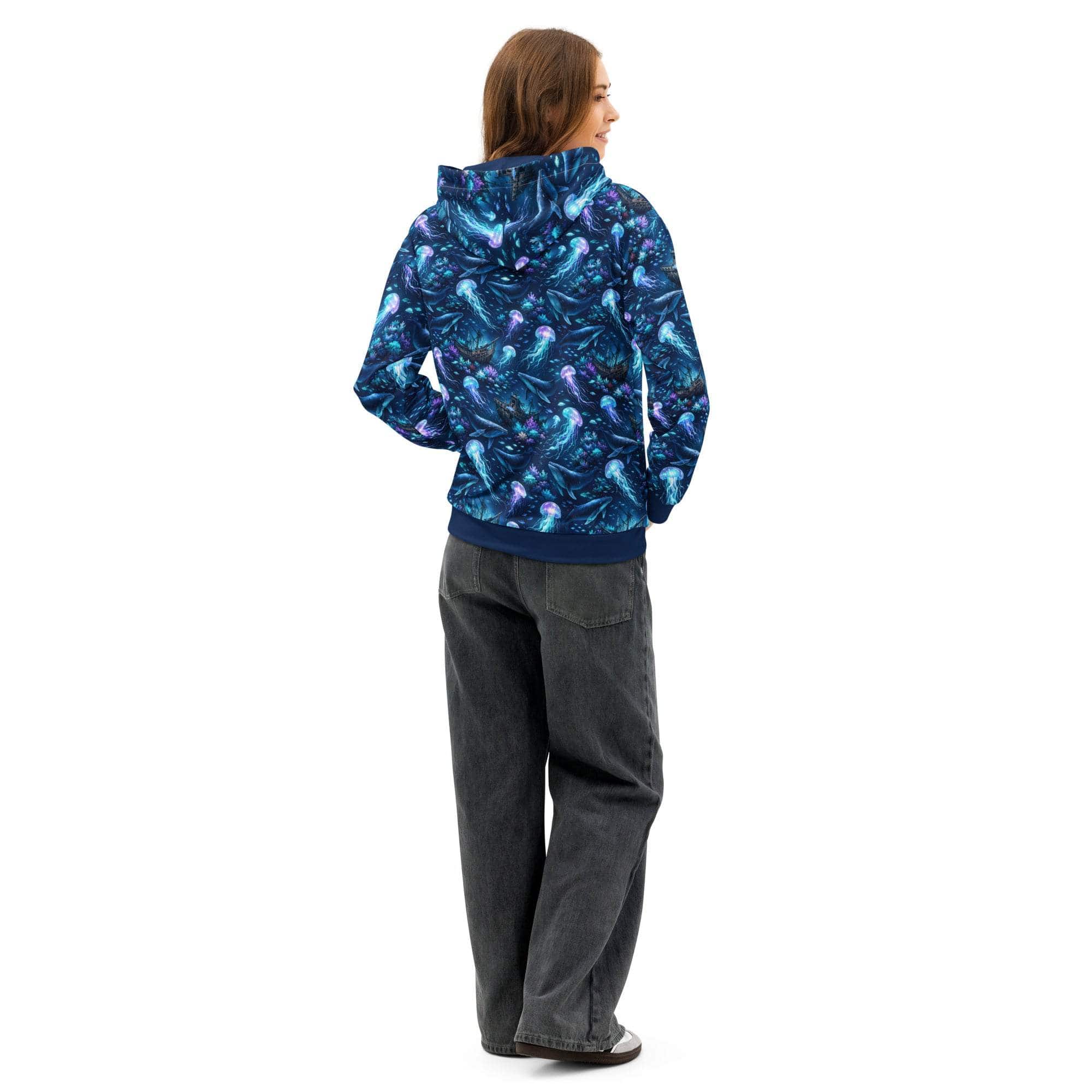Unisex cotton hoodie with ocean jellyfish and whale graphic design
