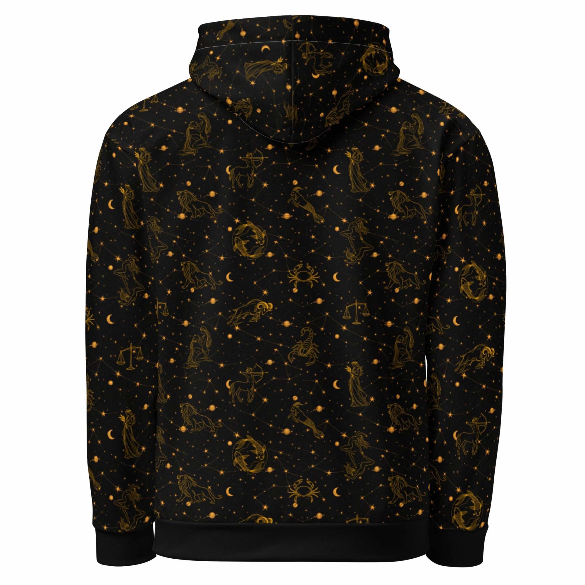 Blue zodiac constellation hoodie with celestial print, unisex cotton pullover