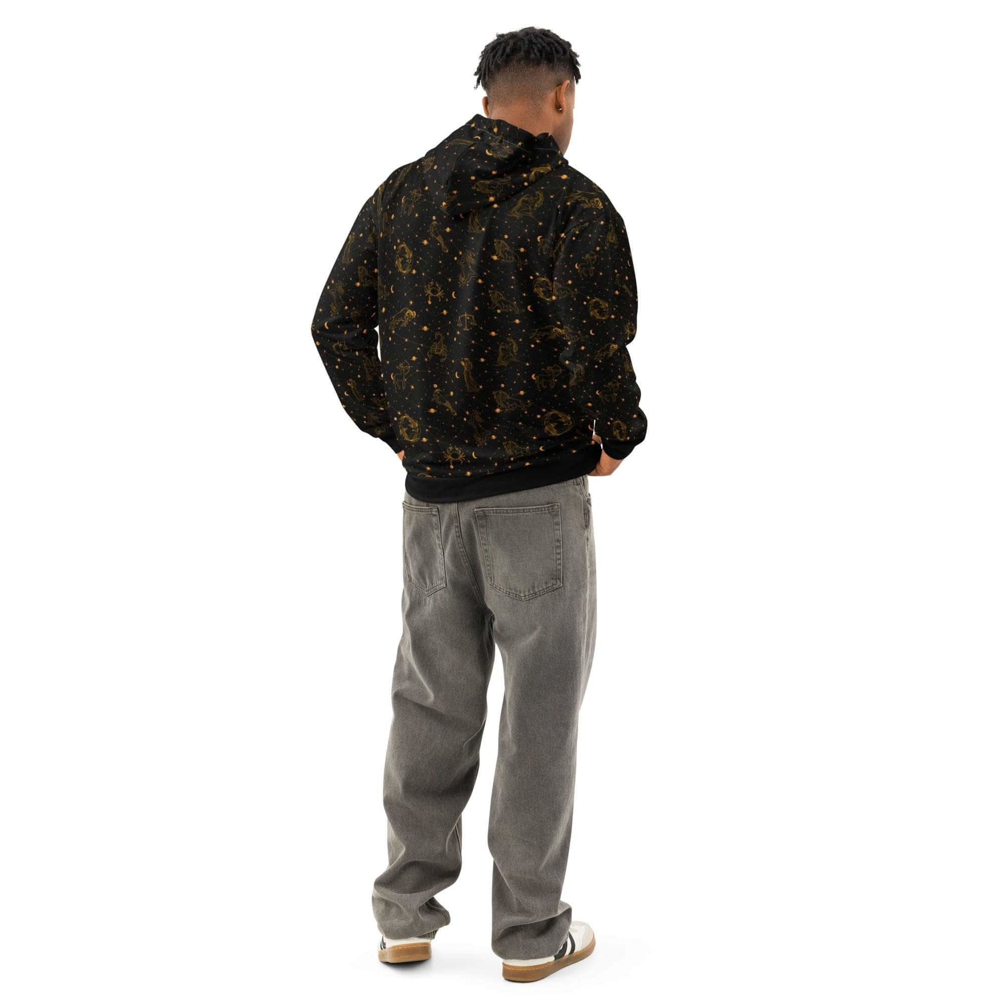 Unisex blue cotton hoodie with zodiac constellation print and kangaroo pocket