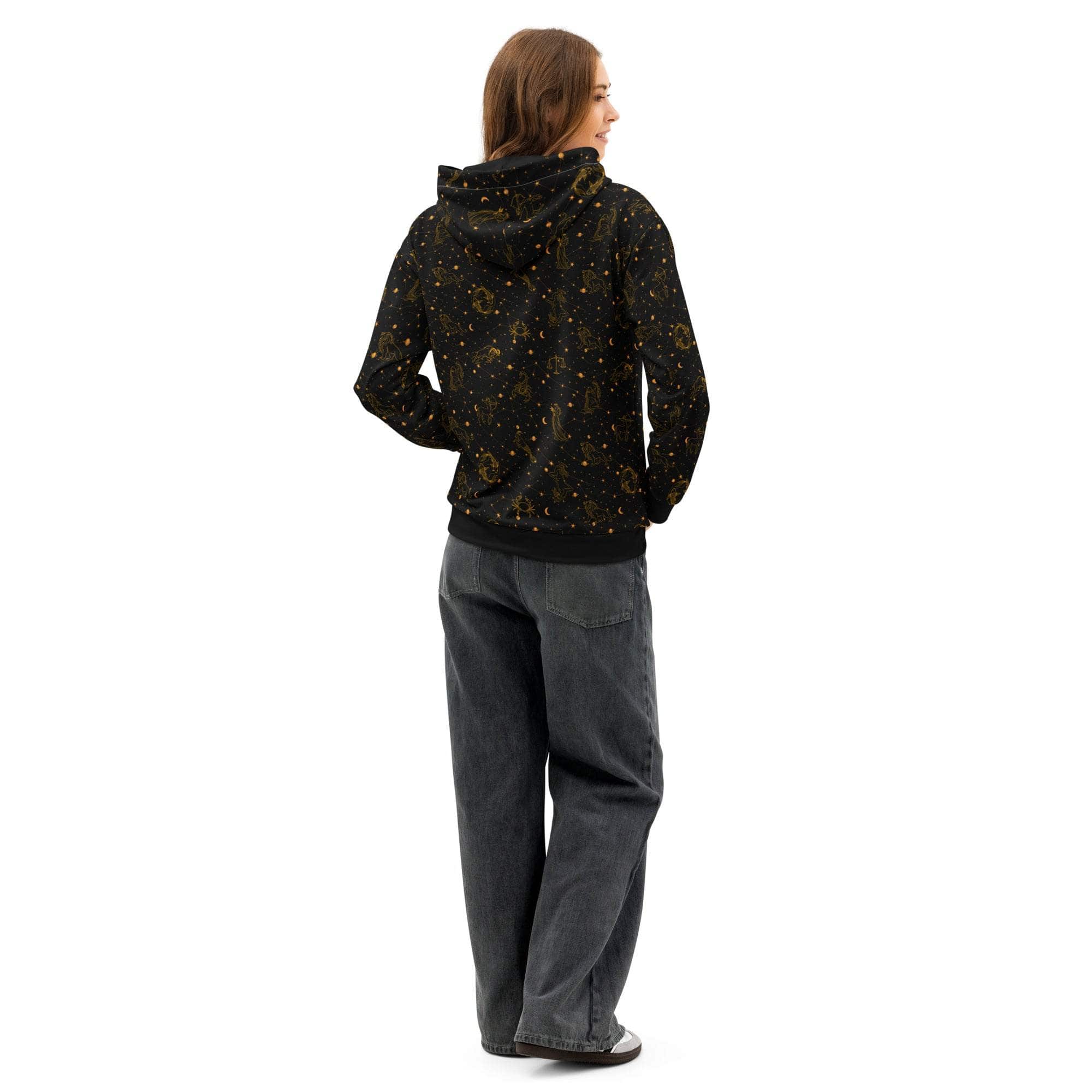 Unisex black cotton hoodie with zodiac constellation design