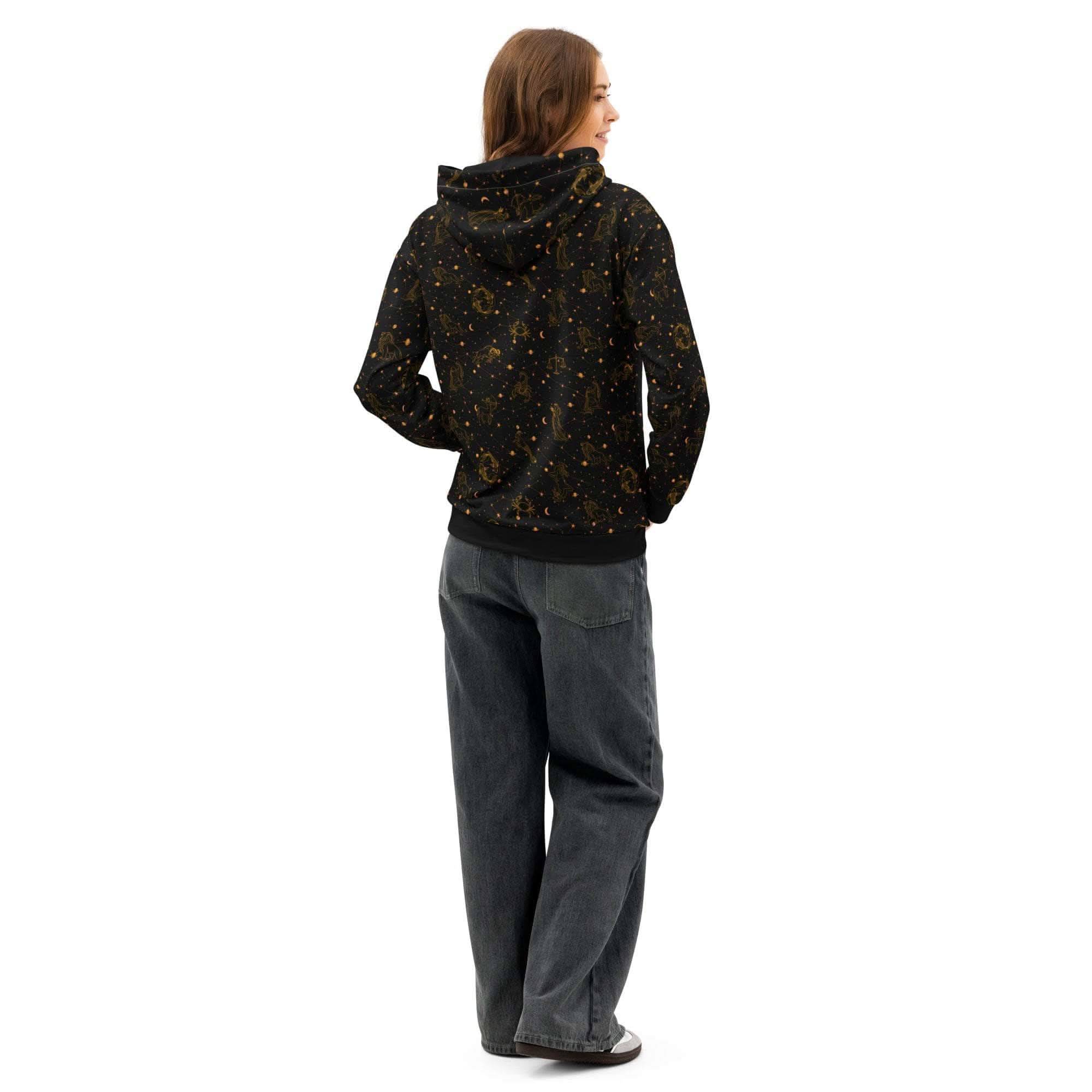 Unisex black cotton hoodie with zodiac constellation design