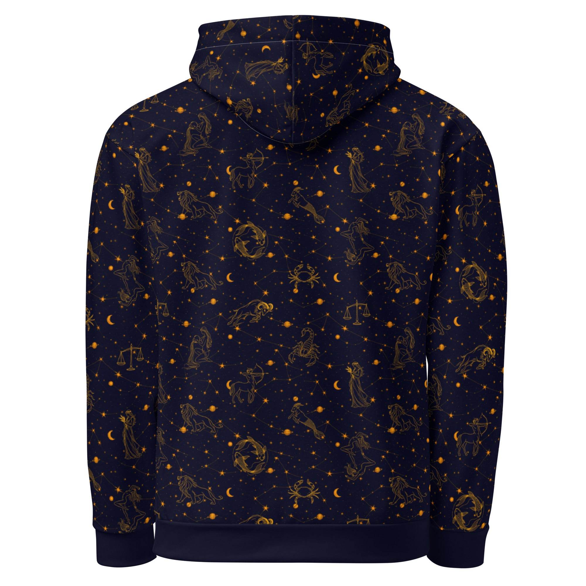 Unisex blue hoodie with zodiac constellation print on soft cotton pullover