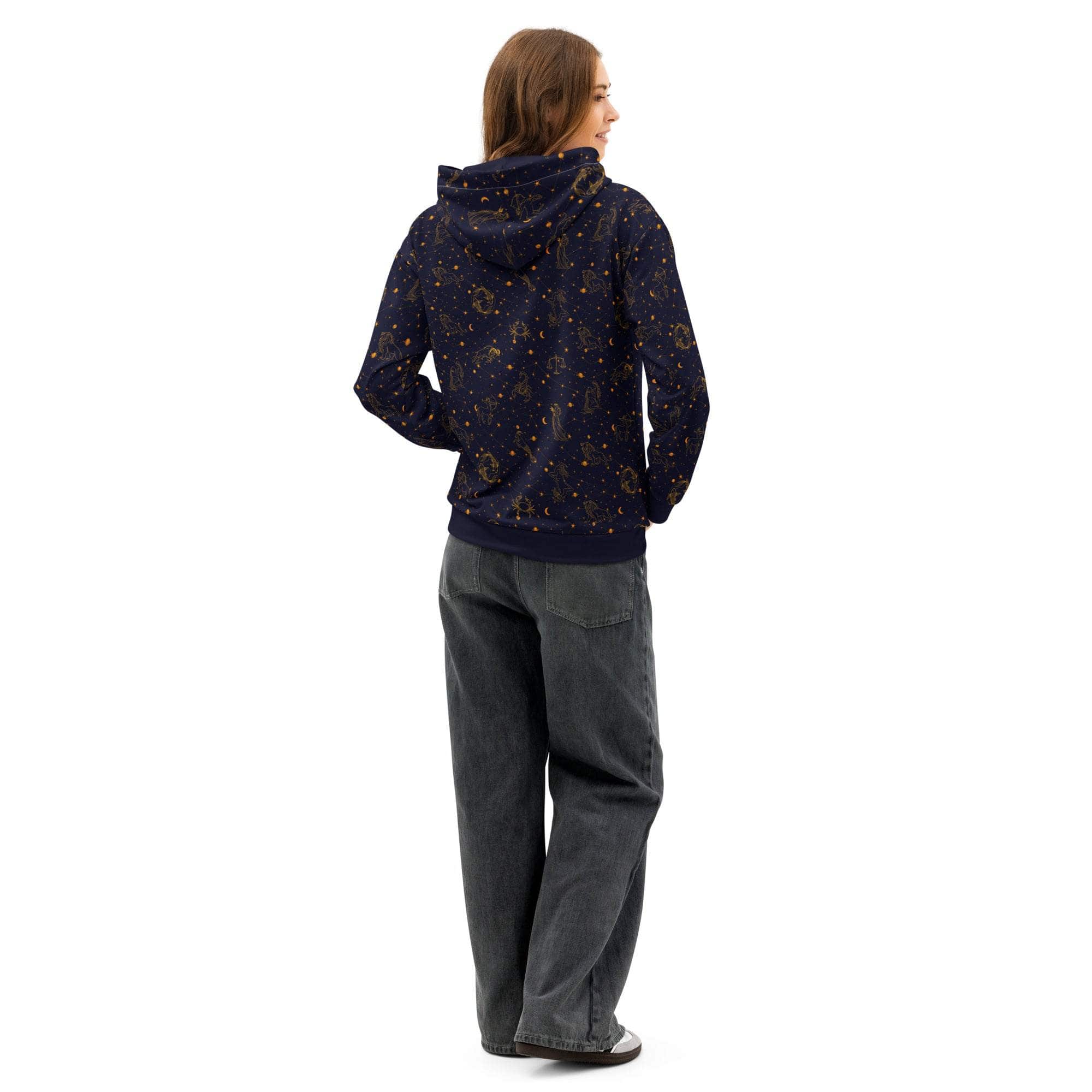 Unisex blue cotton hoodie with zodiac constellation print