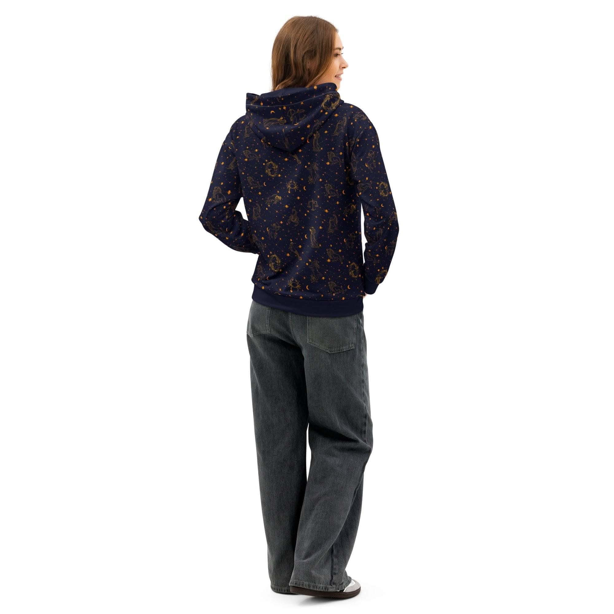 Unisex blue cotton hoodie with zodiac constellation print