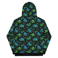 Bioluminescent Forest Hoodie with glowing mushrooms and fireflies all over print on black cotton fabric