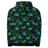 Bioluminescent Forest Hoodie with glowing mushrooms and fireflies on black cotton fabric