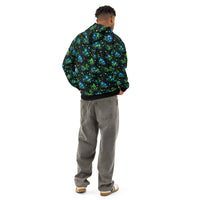Bioluminescent Forest Hoodie with glowing mushrooms and fireflies all over print on black cotton fabric