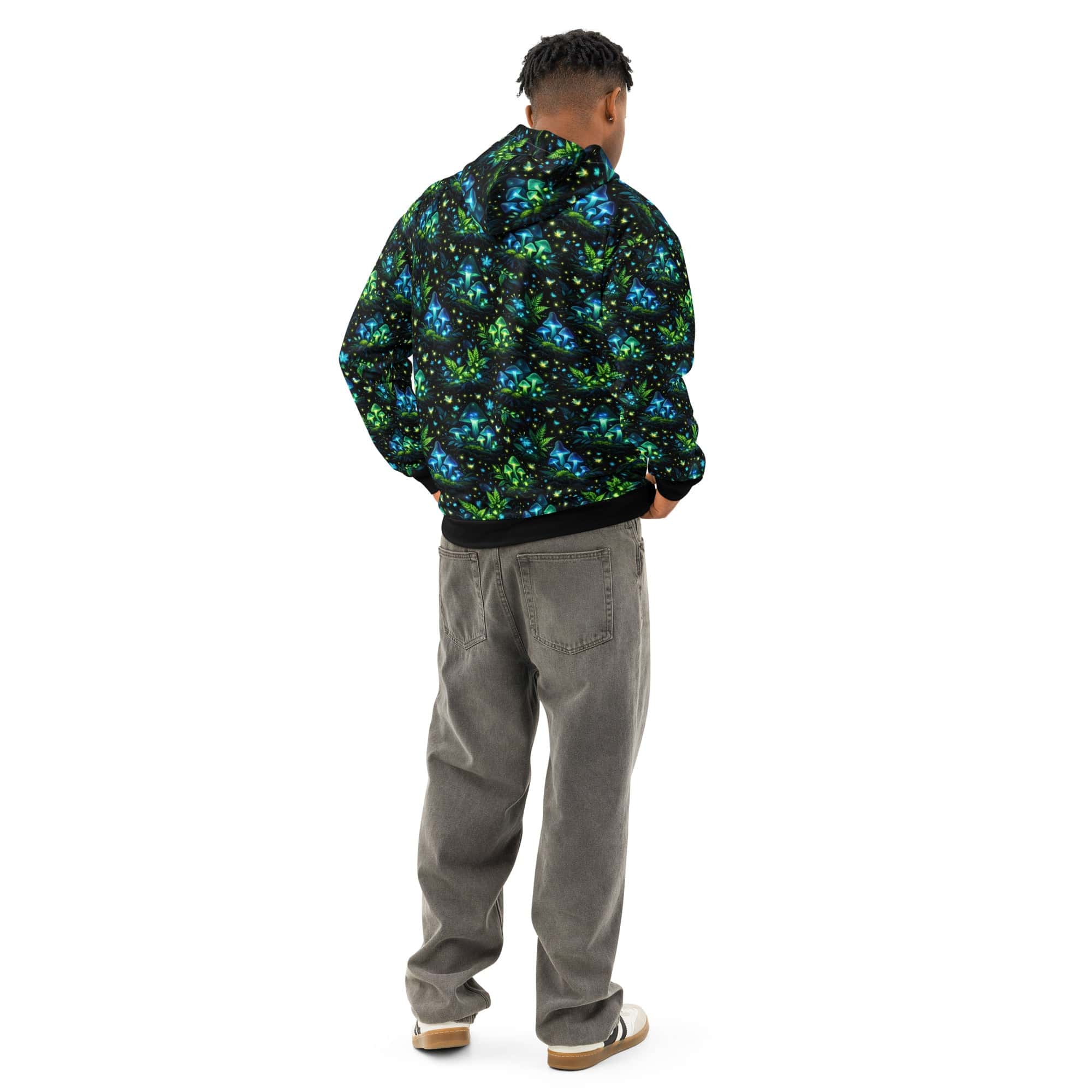 Bioluminescent Forest Hoodie with glowing mushrooms and fireflies all over print on black cotton fabric
