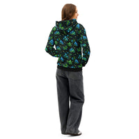 Bioluminescent Forest Hoodie with glowing mushrooms and fireflies all over print on black cotton fabric
