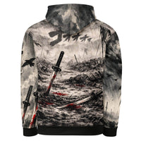 Dark Seinen Samurai Hoodie with ink wash samurai artwork and subtle red accents in anime streetwear style