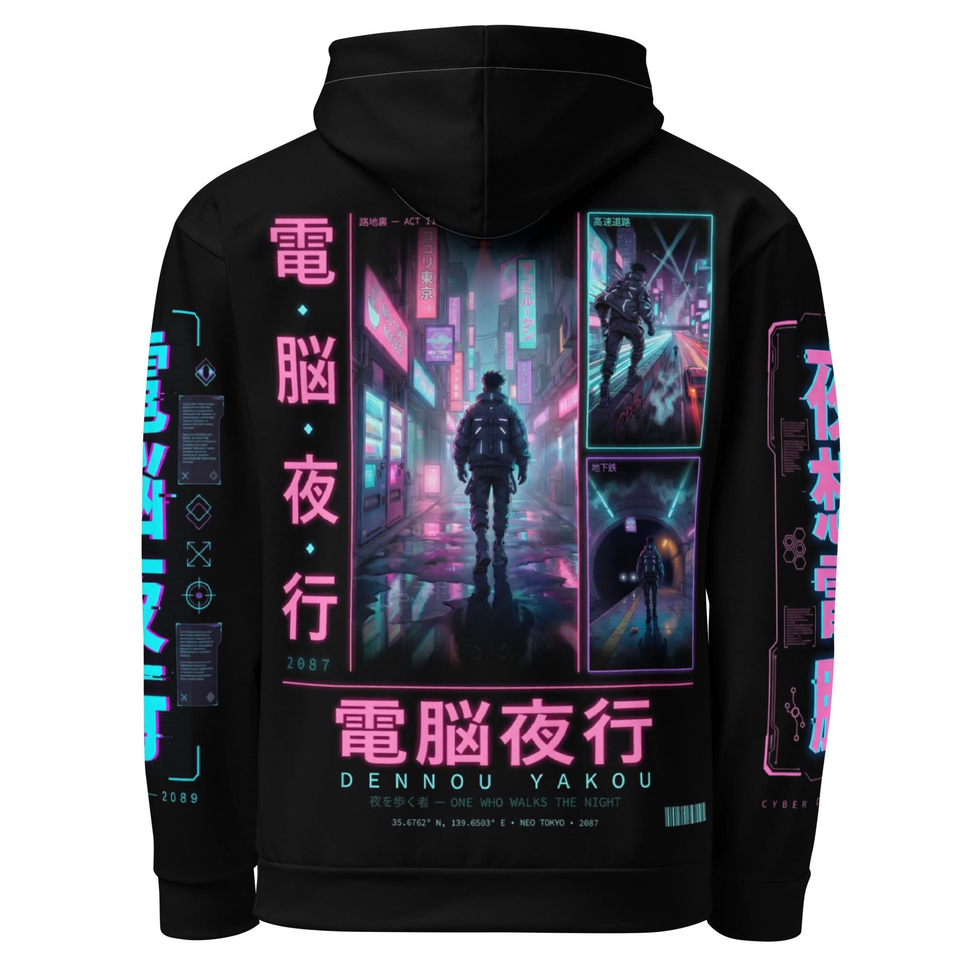 Cyberpunk anime hoodie with neon Tokyo alley and holographic signs all-over print, featuring a lone figure in futuristic streetwear.