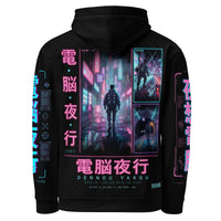 Cyberpunk anime hoodie with neon Tokyo alley and holographic signs all-over print, featuring a lone figure in futuristic streetwear.